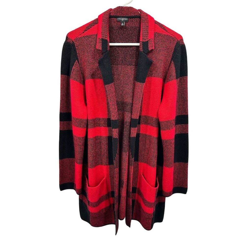 Talbots Women's Plus 1X Plus Plaid Sweater Jacket Red Open Front